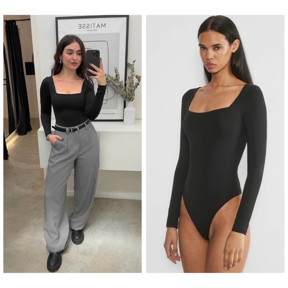 Babaton Contour Squareneck Long Sleeve Thong Bodysuit in Black - Picture 1 of 7